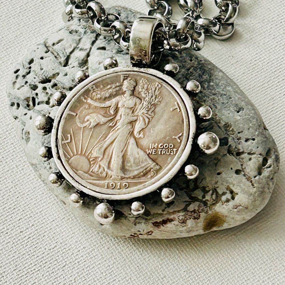 Liberty Silver Tone Replica Coin Pendant Necklace - Picture 5 of 8